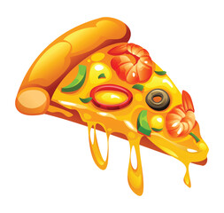 Delectable slice of seafood pizza with melting cheese, shrimp, olives, and bell peppers on a white background. Vector cartoon illustration