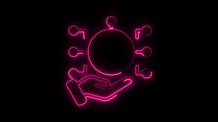 Pink neon hand holding a sphere with connected nodes on black background