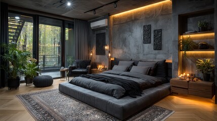 Modern bedroom with LED lights and cozy decor, contemporary home interior design concept for architecture ad and furniture