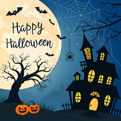 Spooky halloween night with haunted house full moon bats and pumpkins