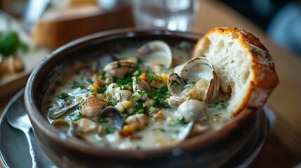 A bowl of clam chowder with bread bowl 