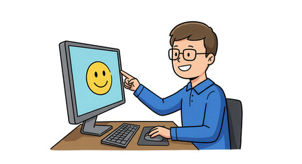 Happy Man Using Computer with Smiley Face on Screen