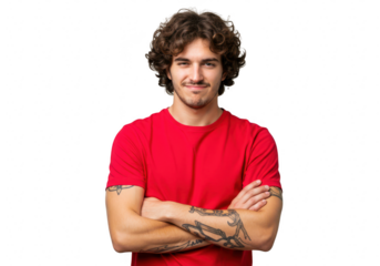 A young man with curly hair and tattoos is standing with his arms crossed isolated on transparent background