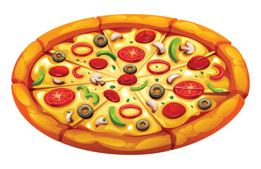Whole supreme pizza, sliced and covered with various toppings like vegetables and pepperoni. Vector cartoon illustration