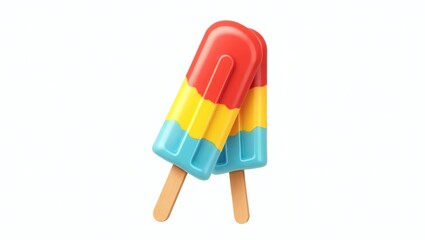 Colorful Ice Pop with Vibrant Red, Yellow, and Blue Layers – Wooden Stick, Glossy Texture, Slightly Melting, Isolated on White Background, Flat Vector Illustration Style
