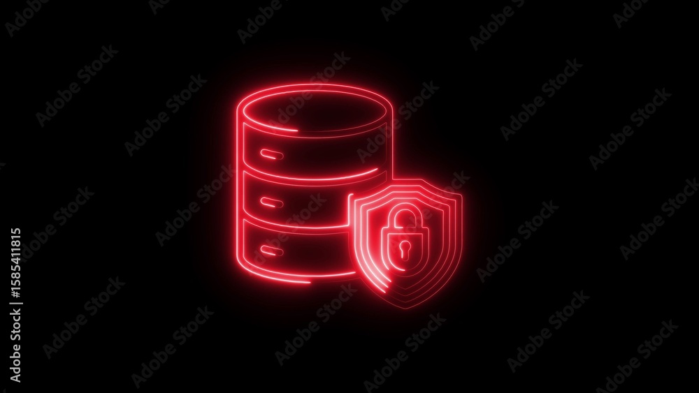 Poster red neon database server and shield with padlock on black background
