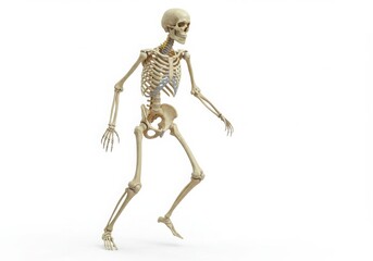 Anatomical human skeleton in a walking pose isolated on white background
