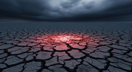 Cracked dry earth under a stormy sky with a red glow