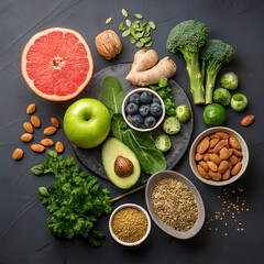 Vibrant assortment of fresh fruits vegetables nuts and seeds for healthy eating