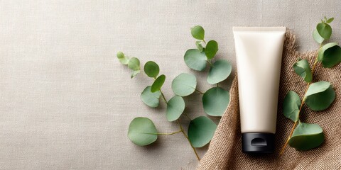 Cosmetic bottles with eucalyptus flowers towels and linen on pastel background top view flat lay natural organic skincare and spa concept perfect for beauty product branding body care wellness design