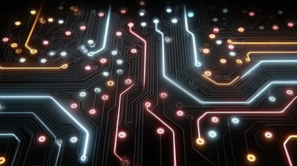 Neon circuit board background with glowing electronic lines, futuristic digital tech theme for UI design, ads, and innovation