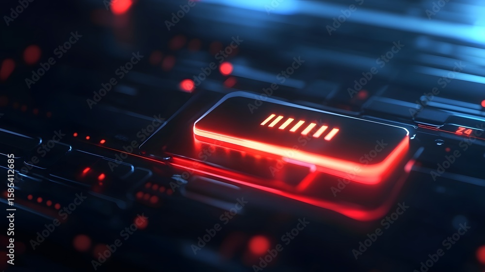 Poster glowing battery on circuit board: a close-up view of a high-tech circuit board, featuring a battery 