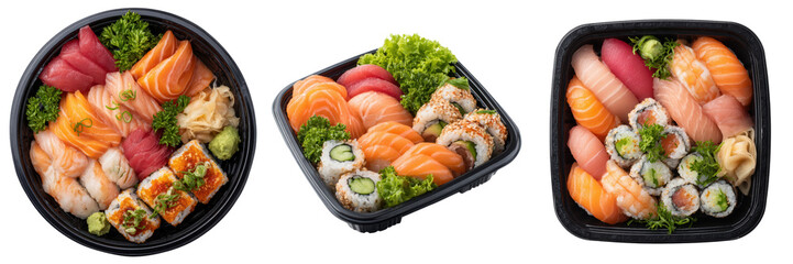 Assorted Fresh Sushi in Black Trays with Vibrant Colors Isolated on Transparent Background