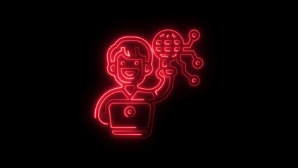 Red Neon Illustration of Person with Laptop and Circuit Globe on Black Background