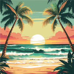 Tropical Sunset Beach Vector Illustration with Palm Trees, Ocean Waves and Vibrant Sky