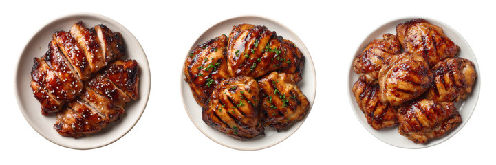 Grilled Chicken Thighs with Marinade on Plates Isolated on Transparent Background