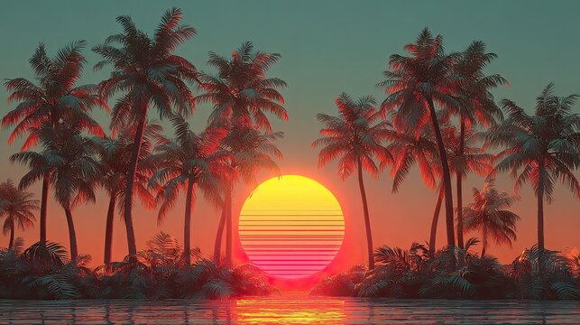 Neon sunset palm silhouettes with tropical beach vibe, glowing retro summer scene for poster, party invite, or background use