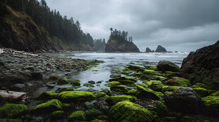 beautiful rocky coastline photo featuring storm gray moss green faded indigo and driftwood beige tones capturing rugged textures and natural seaside beauty