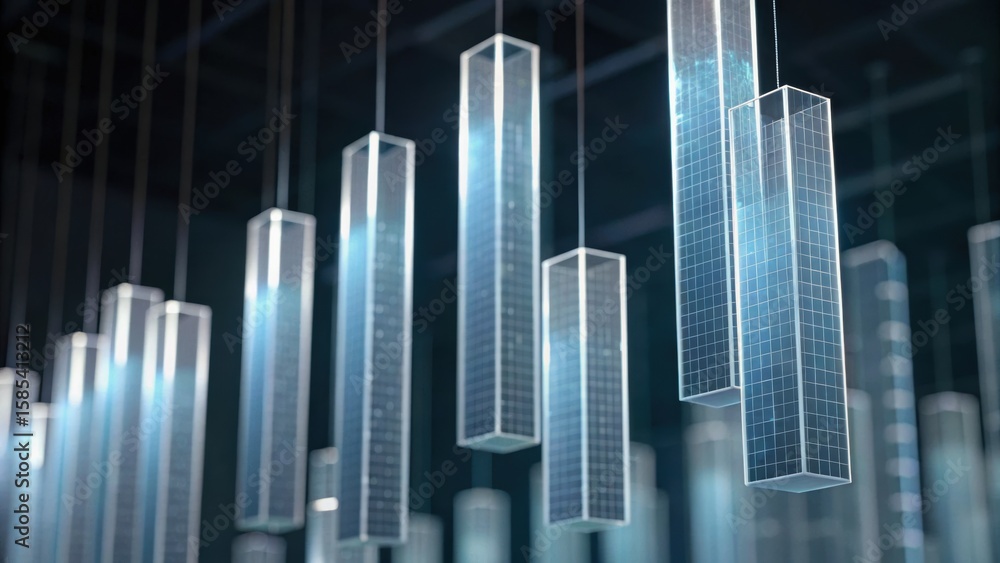 Poster abstract lighting installation featuring geometric shapes and glowing elements in a modern setting.