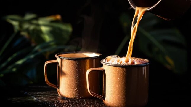 The process of making Teh Tarik. Malaysian originated drink