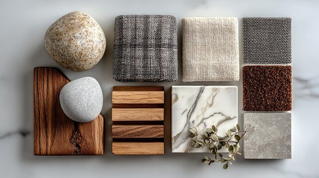 Neutral kitchen mood board with material samples and swatches, modern home renovation planning concept for interior design