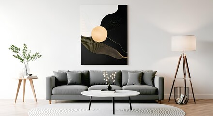 Modern living room interior with contemporary grey sofa and abstract wall art decor