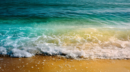 aerial view of teal ocean waves crashing on soft coral sand creating a vibrant tropical shoreline