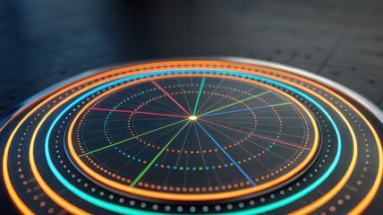 Abstract digital design featuring colorful circular patterns and lines on a dark surface, suggesting motion and data visualization.