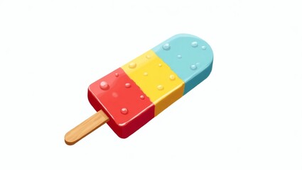 Colorful Ice Pop with Vibrant Red, Yellow, and Blue Layers – Wooden Stick, Glossy Texture, Slightly Melting, Isolated on White Background, Flat Vector Illustration Style