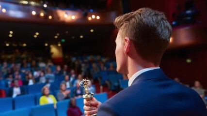 Moment of Triumph: A distinguished speaker stands confidently before an enraptured audience, clutching a gleaming trophy, signifying a moment of victory and recognition.