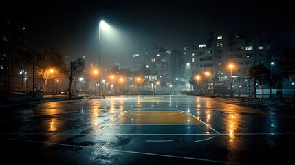 Outdoor basketball court illuminated with dramatic spotlight, nighttime sports scene with vibrant urban atmosphere
