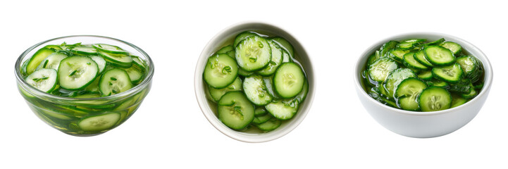 Fresh Cucumber Slices in Bowls with Vinegar and Herbs Marinade Isolated on Transparent Background