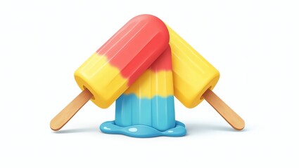Colorful Ice Pop with Vibrant Red, Yellow, and Blue Layers – Wooden Stick, Glossy Texture, Slightly Melting, Isolated on White Background, Flat Vector Illustration Style