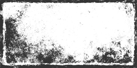 Grungy distressed black and white textured background with rough edges and scattered speckles grunge