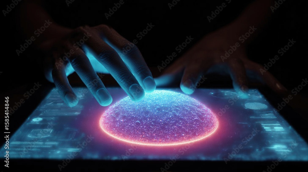 Poster pair of hands touching a glowing sphere on a touch screen. the sphere is circular in shape and appea