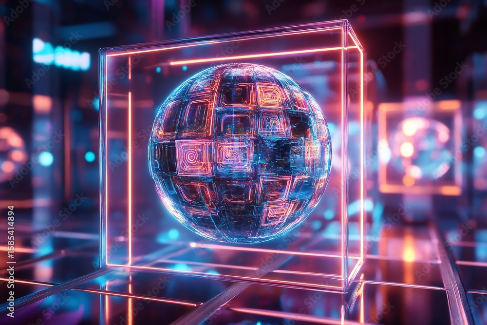 Poster a spinning metallic sphere adorned with intricate neon patterns, levitating inside a radiant glowing
