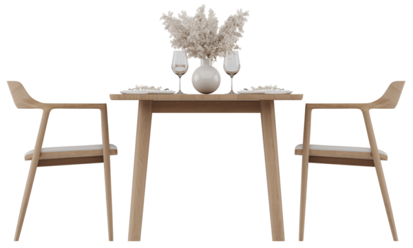 Wooden dining table set for two with modern chairs and floral centerpiece front view on transparent background