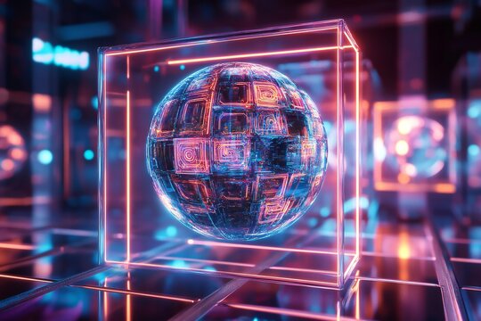 A spinning metallic sphere adorned with intricate neon patterns, levitating inside a radiant glowing cube,  created by ai