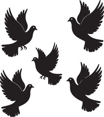 Fototapeta premium Five black silhouette doves flying gracefully against a clean white background