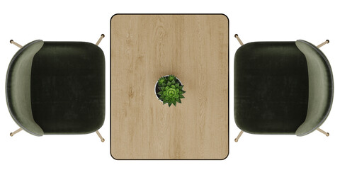 Top view of modern cafe table with green velvet chairs and tabletop plant isolated on transparent...
