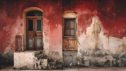 beautiful abandoned building photo with dusty rose rust red weathered stone and pale beige tones capturing aged textures and serene architectural decay