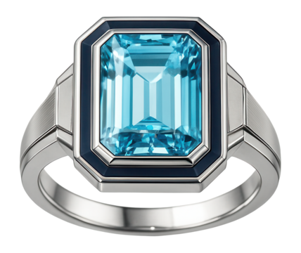 Art deco-inspired ring with a rectangular topaz stone and angular silver settings