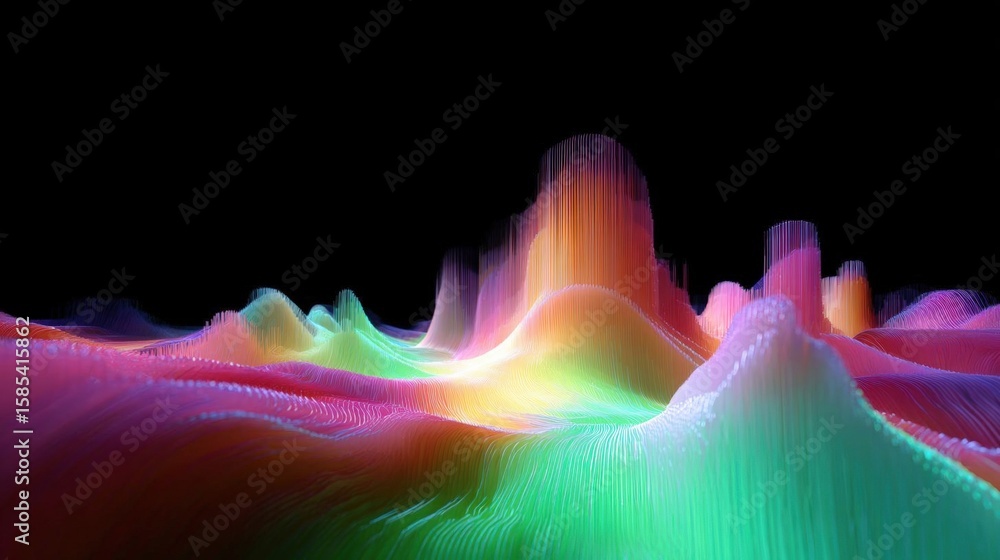 Poster abstract digital art piece with a black background. it features a wave-like pattern of different col