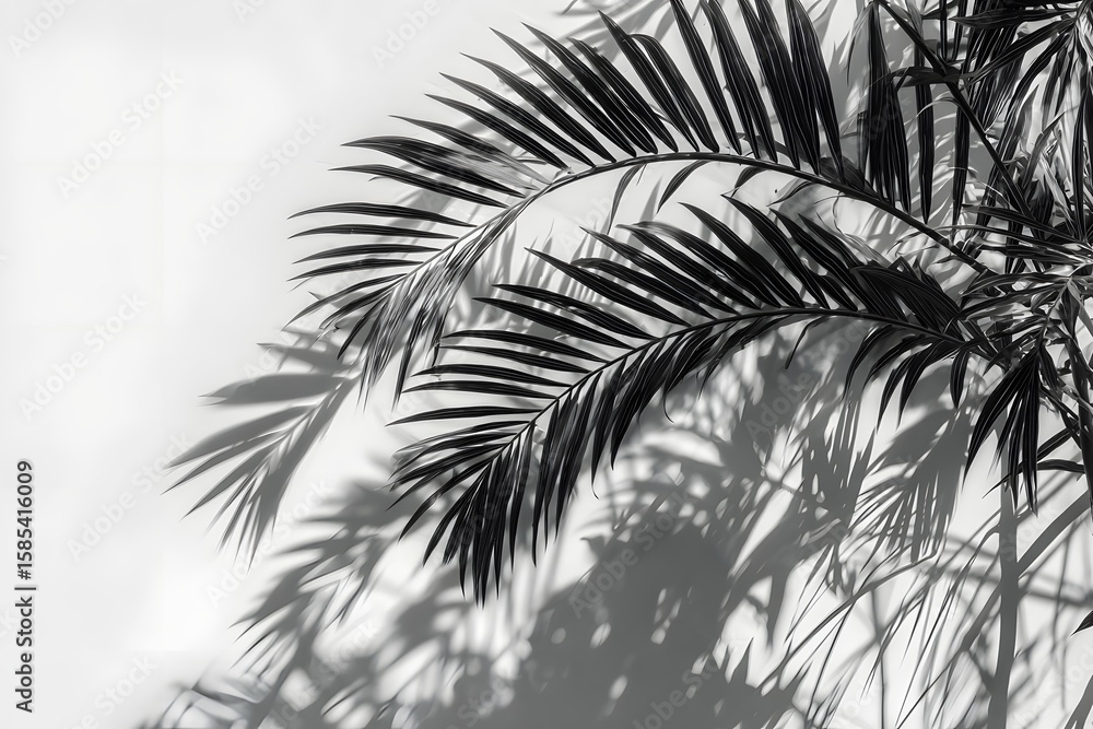 Poster sunlight filters through lush palm fronds, creating a striking interplay of light and shadow on a br