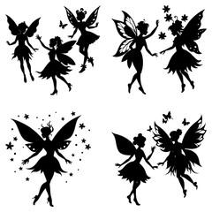 Silhouette illustration of four fairy groupings with wings stars and butterfly accents in black and white