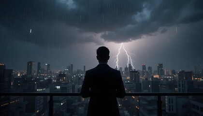 Plakat Man silhouette watching lightning storm over city skyline rooftop balcony view night