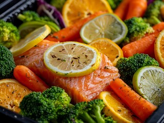 Fresh vegetables on a plate with broccoli, tomato, carrot, and pepper