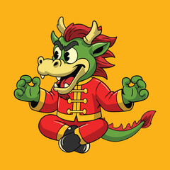 Obraz premium Happy cartoon dragon in traditional Chinese outfit, sitting cross-legged celebrating Lunar New Year Illustration
