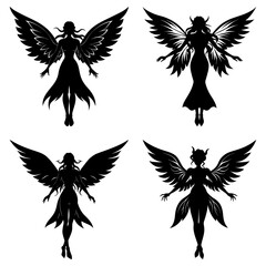 Obraz premium Four winged female figures in silhouette with varying dress and wing designs arranged symmetrically