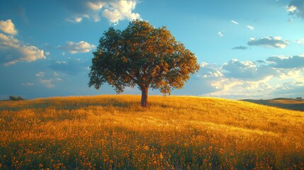 Solitary tree atop golden field
